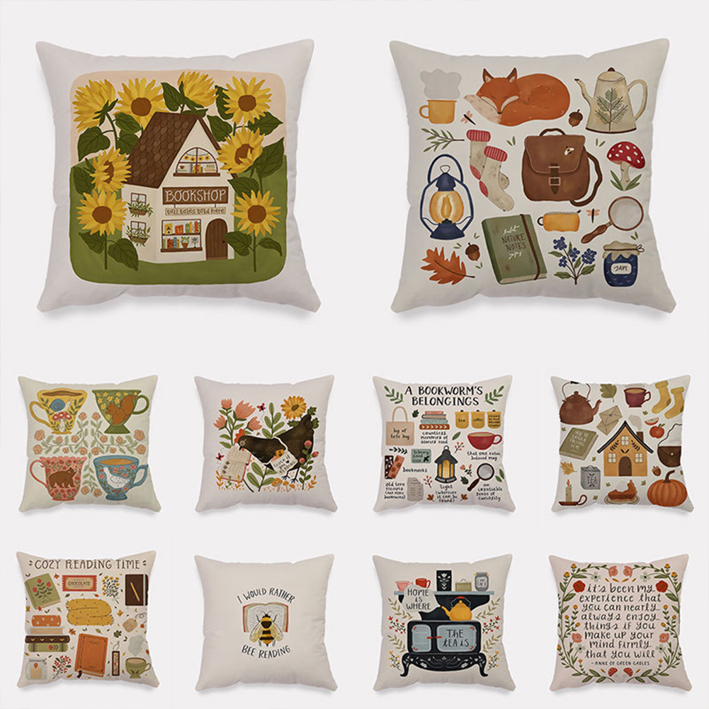 GC Flannel Square Bedside Pillowcase, Pastoral Home Atmosphere Cartoon Anime Pattern Cushion Protective Cover With Invisible Zipper 45x45cm color. 