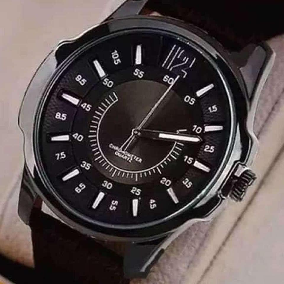 Leather Analog Watch For Men - Black