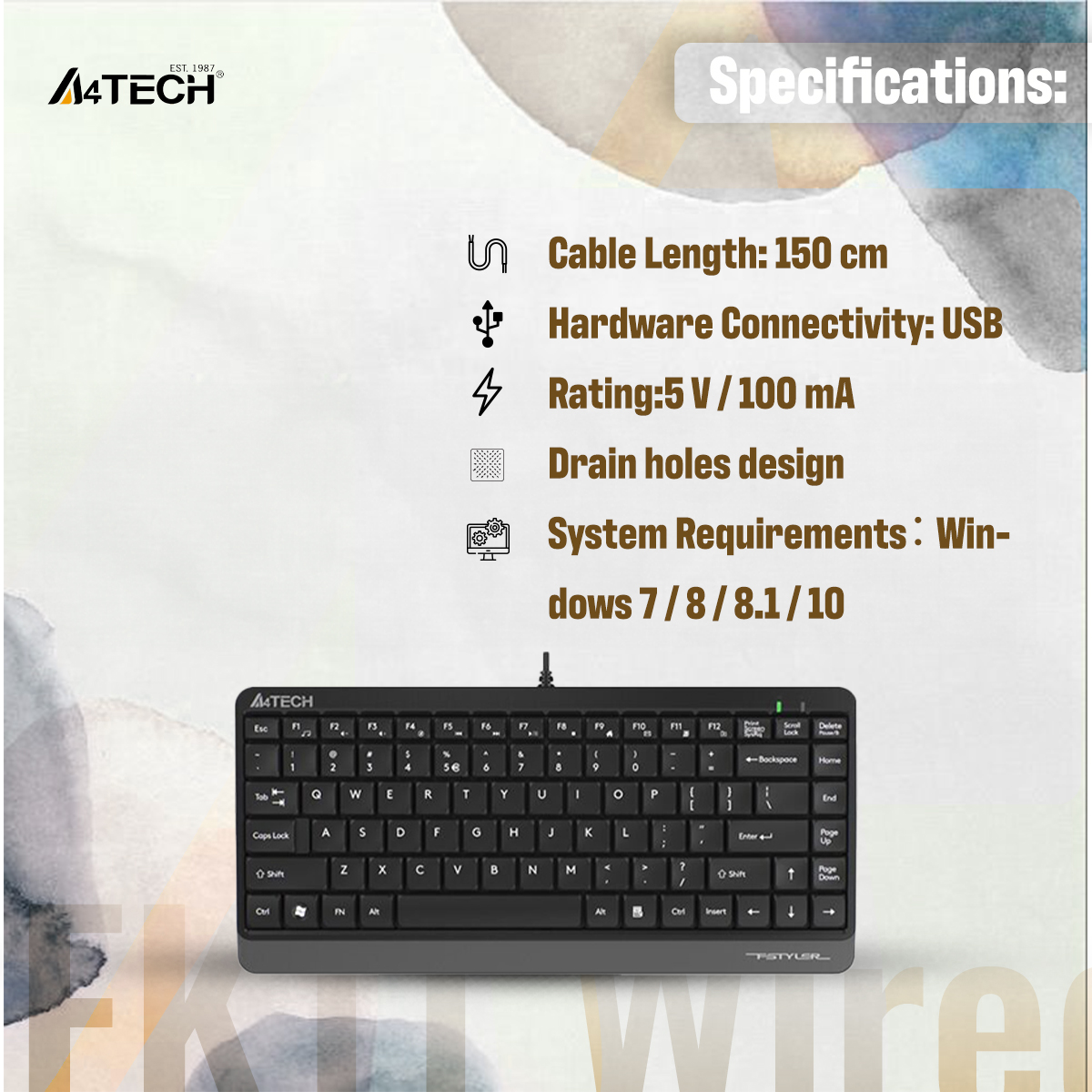 A4TECH FK11 Wired Mini Keyboard - Compact Size - Sleek Round-Square Keycaps - Multimedia Hot Keys - USB - For PC/Laptop - Black. 