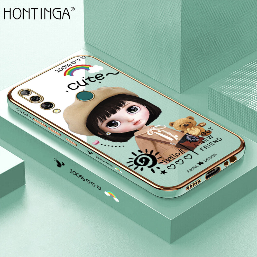 Hontinga for Huawei Y9 Prime 2019 Back Cover + Free Lanyard Luxury 6D Plating Cartoon Satchel Girl Side Pattern Case Soft Silicone Square Mobile Cover