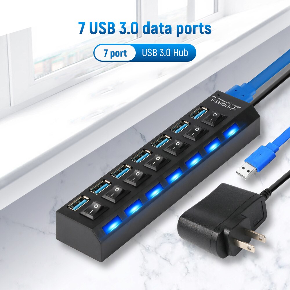 【VisioN Shop】USB HUB 3.0 4/7 Multi Port USB Splitter Power Adapter Multiple Expander For PC Laptop. 