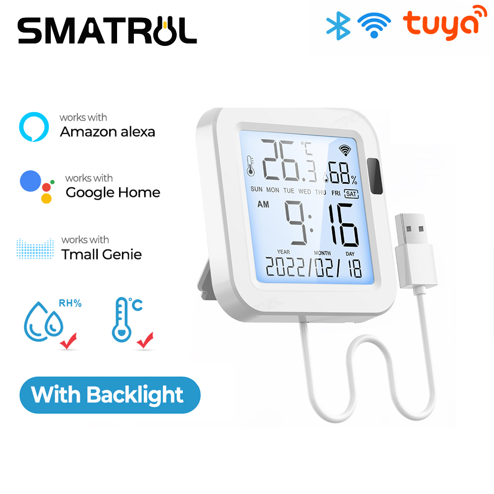 SMATRUL - Tuya Smart Wifi Temperature and Humidity Sensor - with Backlight LCD Display - for Home Greenhouse Support Alexa Google Home Assistant. 