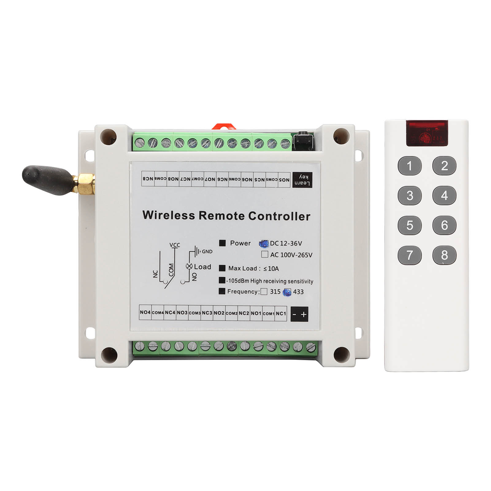 8 Channel Relay, Relay Module 8CH 10A DC 12V-36V with Remote Control for Industrial Automation. 