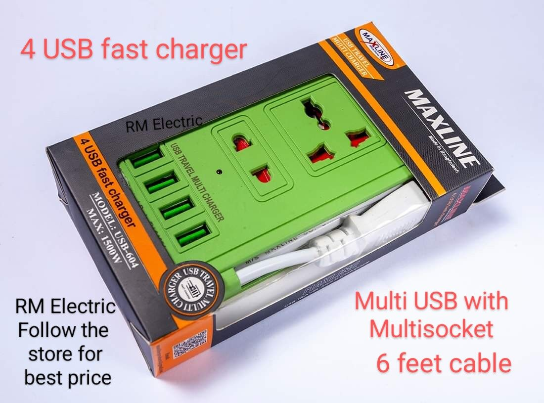 universal travel multi charger 4 USB PORT with multiplug MAXLINE ML-604 Multi-plug With 4 USB Port And 5pin Socket 6 FEET CABLE SAFETY SHUTTER MILTIPLUG FAST CHARGING. 