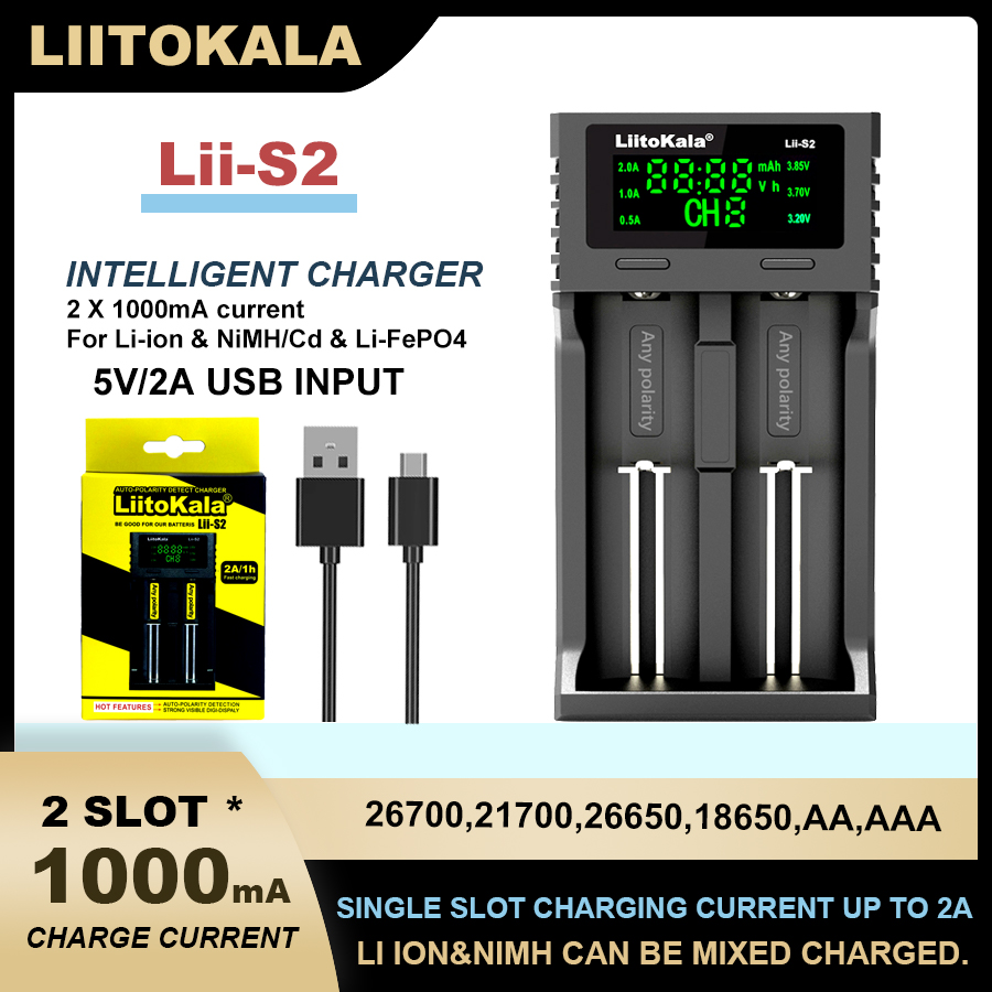 LiitoKala Lii-S12 S2 21700 9V Battery Charger LCD Display 12 Trough For 1.2V 3.8V 3.2V 3.7V IMR NiMH/Cd 18650 26650 26700 AA AAA. 