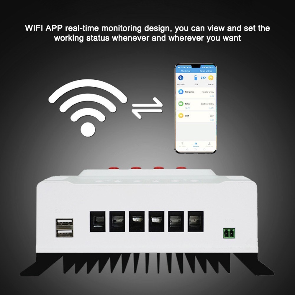 PWM Intelligent Solar Charges Controller Mobilephone App Control Real-time Data Monitoring Device LED Display 12V/24V Controllers for Leadacid Ternary Lithium and Lithium-iron Batteries-06. 