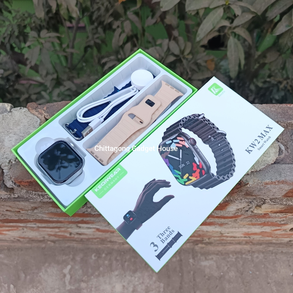 KEQIWEAR KW2 Max HD Curved Screen Wireless Charging & Multi Functional Smartwatch With 3 Bands. 
