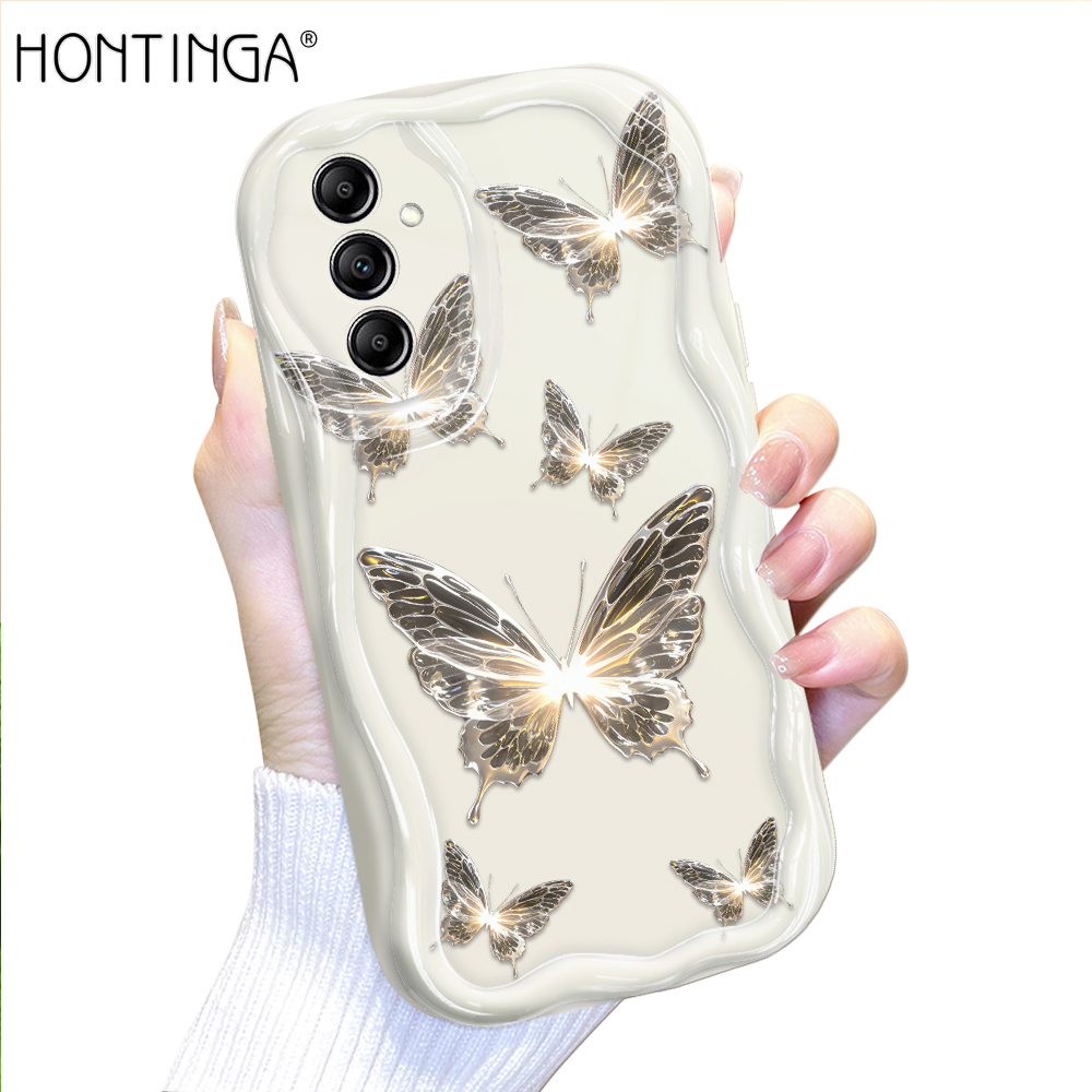 Hontinga for Samsung A14 4G 5G Back Cover Beautiful Butterfly Cream Texture Phone Case Wavy Edge Soft Silicone Cover