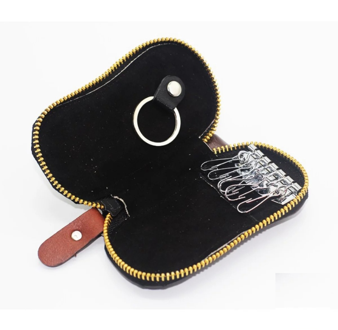 Keep Your Keys in Style with a Leather Key Ring Folder Wallet - Money Bag Type Key Holder/Box - Black -  A Unique Choice For Key Organization. 