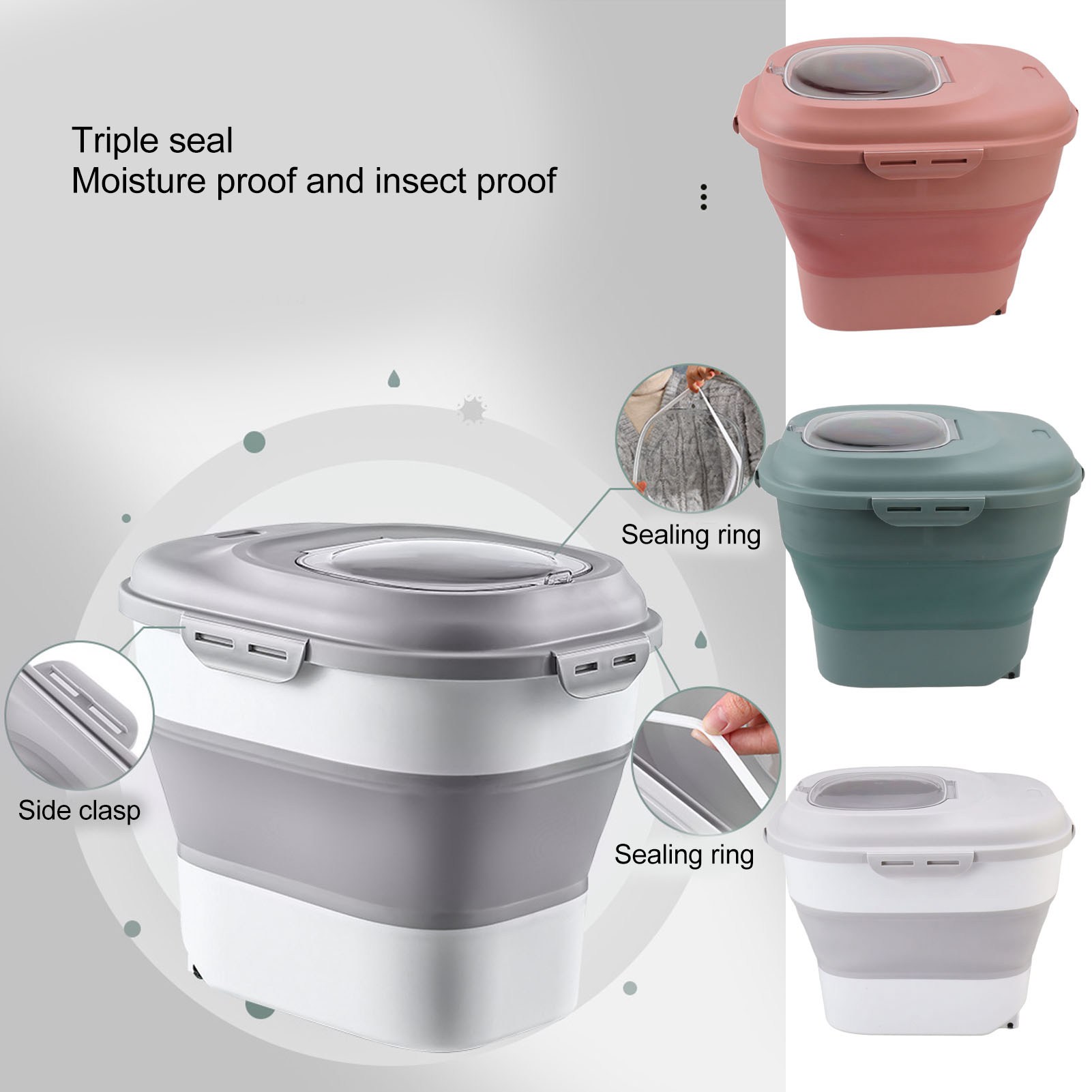 Rice Food Storage Container Large Collapsible Food Storage Container with Measuring Cup Rolling Wheel. 