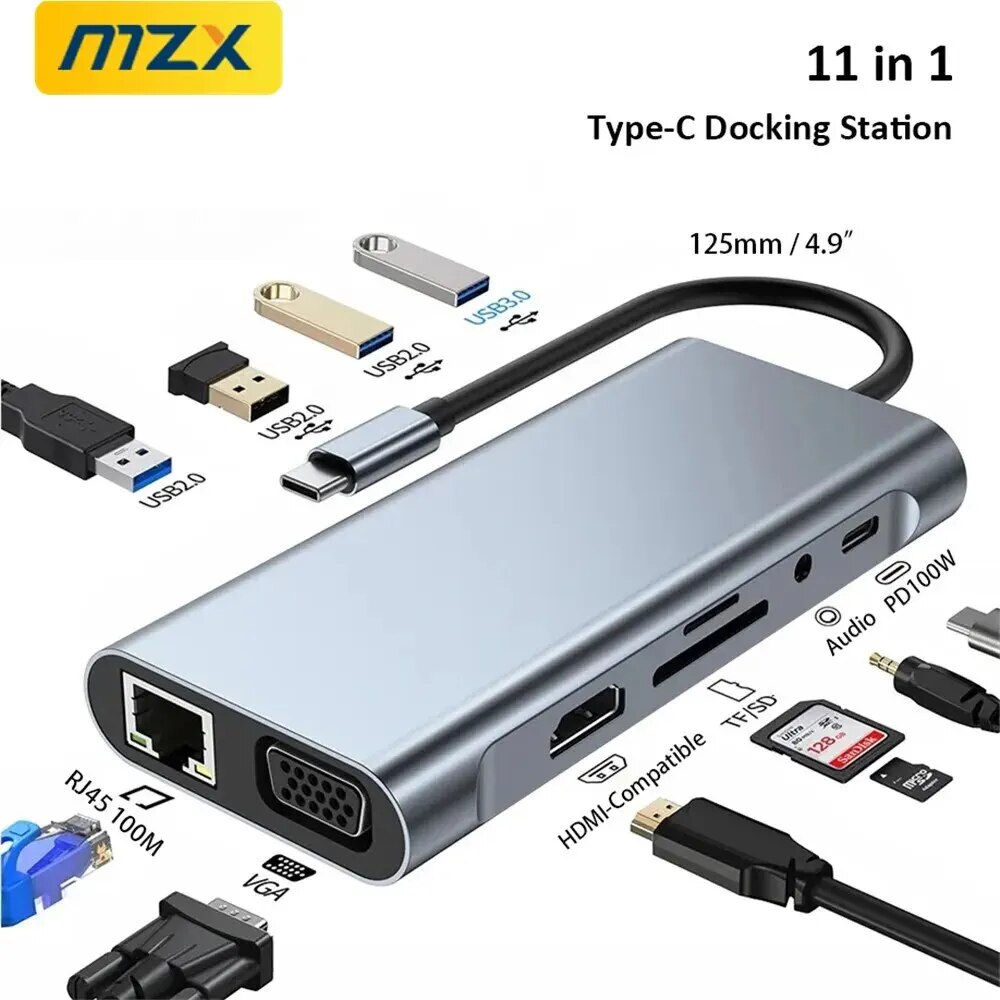MZX 11-in-1 Docking Station USB Hub Tipo C Type A Extension Dock To HDMI-compatible VGA Ethernet for Macbook Laptop Notebook PC