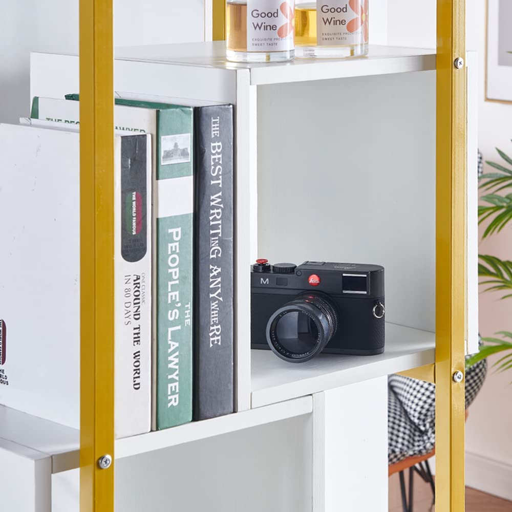 5 Tiers Bookcase S-Shape Storage Shelving Tall for Home Office, Modern Corner Book Shelf with Golden Metal Rack for Unit Media Display Slim Book Shelves Small Space. 