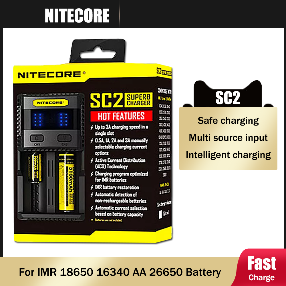 100% New Original Nitecore SC2 Intelligent Faster Charging Charger With LCD Display For IMR Li-ion 18650 14450 16340 AA Battery