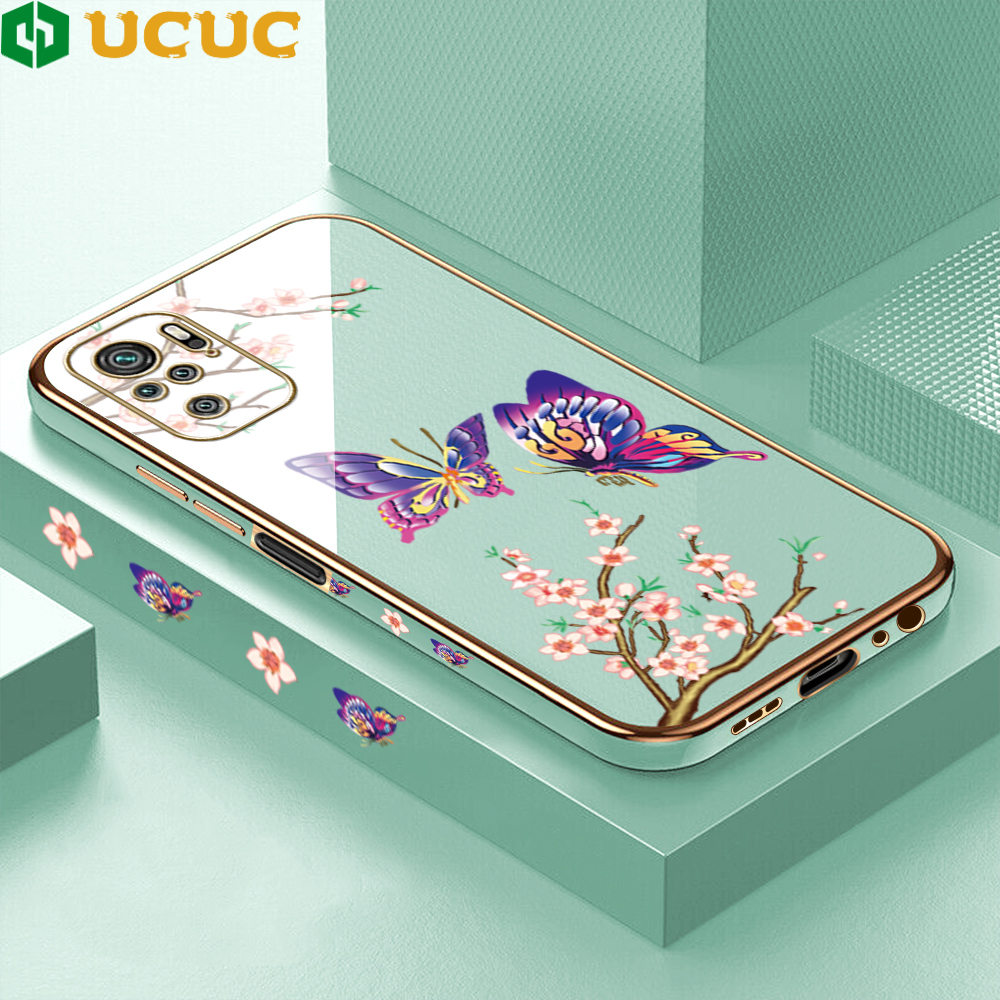Ucuc for Xiaomi Redmi Note 10/Redmi Note 10 s free back cover lanyard butterfly flying luxury 6d plated soft side case silicone square mobile phone case