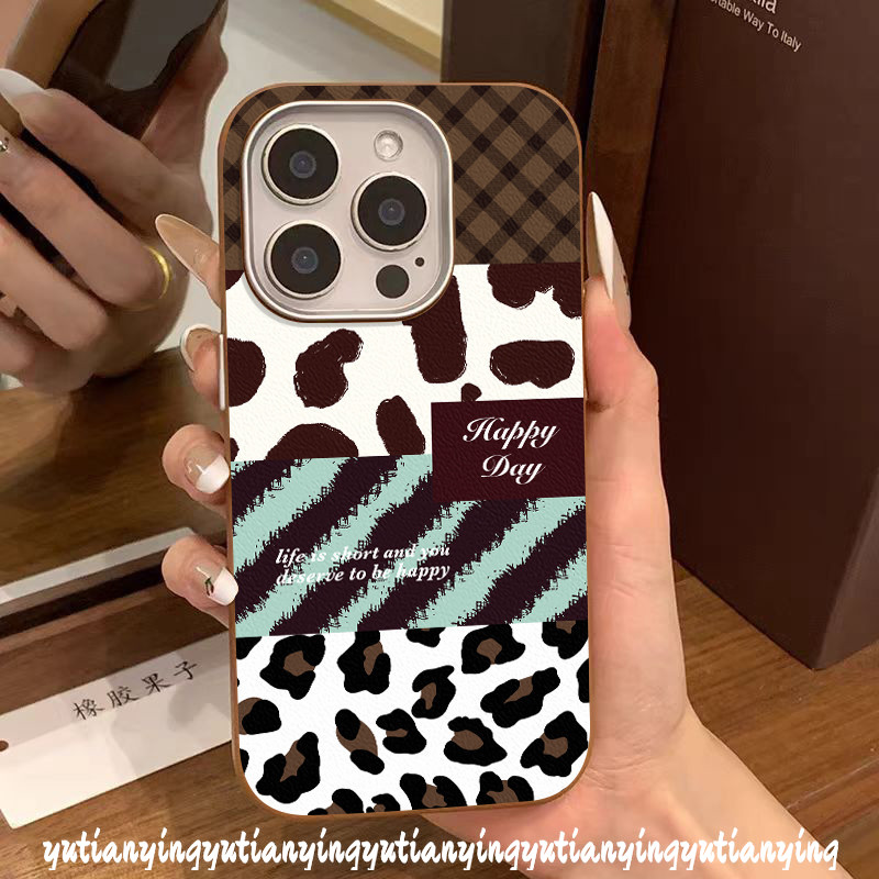 Retro Leopard Print Lattice Splice Skin Feel Leather Texture Case Compatible for IPhone 16 11 15 13 14 12 Pro Max 16Plus 16 14 15 Plus X XR XS Max Luxury 2 in 1 Metal Lens Frame Cover. 