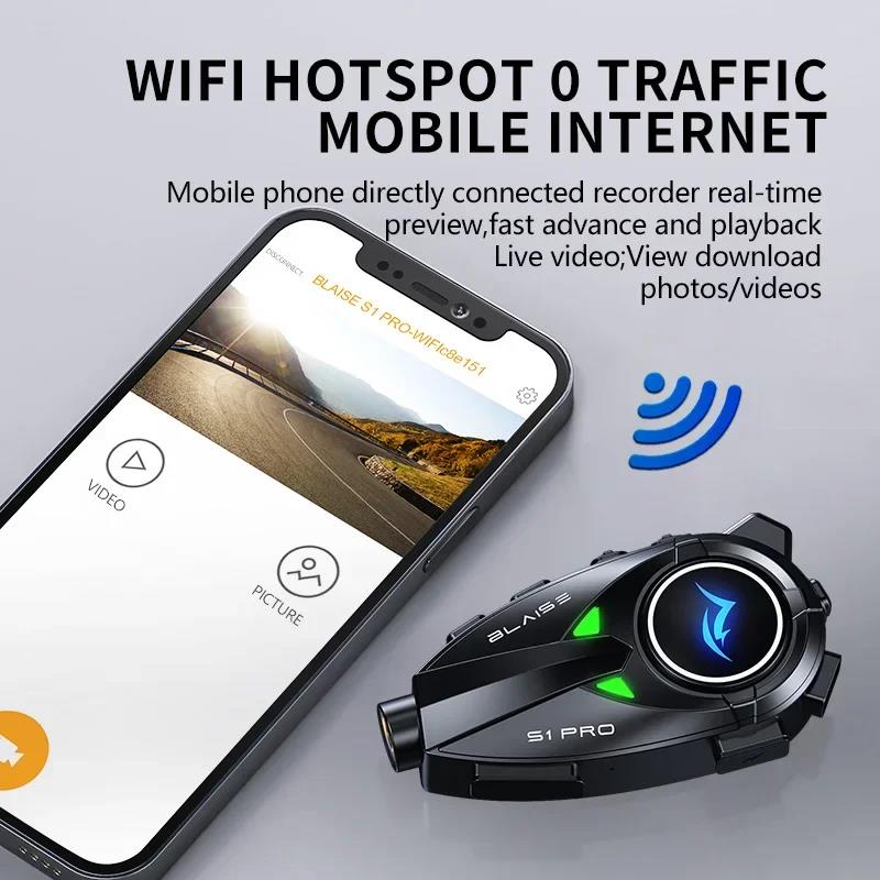 BLAISE S1 PRO Bluetooth Motorcycle Intercom Helmet Headset Wifi APP Speaker Headphone Motorbike Interphone Motor Dash Cam Dvr. 