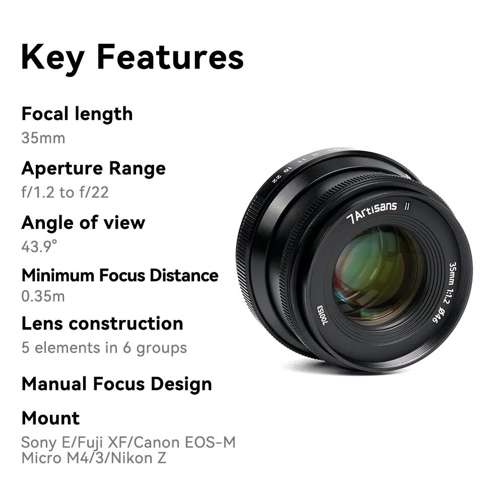 7artisans 35mm F1.2 II APS-C Large aperture Prime Lens for Micro 4/3 Sony E A6000 A7III Fuji X Canon EF-M Nikon Z Z5. 