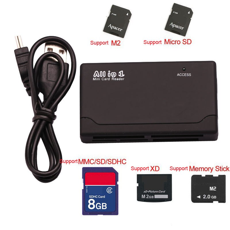 All in one 1 SB 2.0 Card Reader SD XD MMC MS CF SDHC TF Micro SD M2 Memory Card Reader Writer Adapter For Macbook PC Computes. 