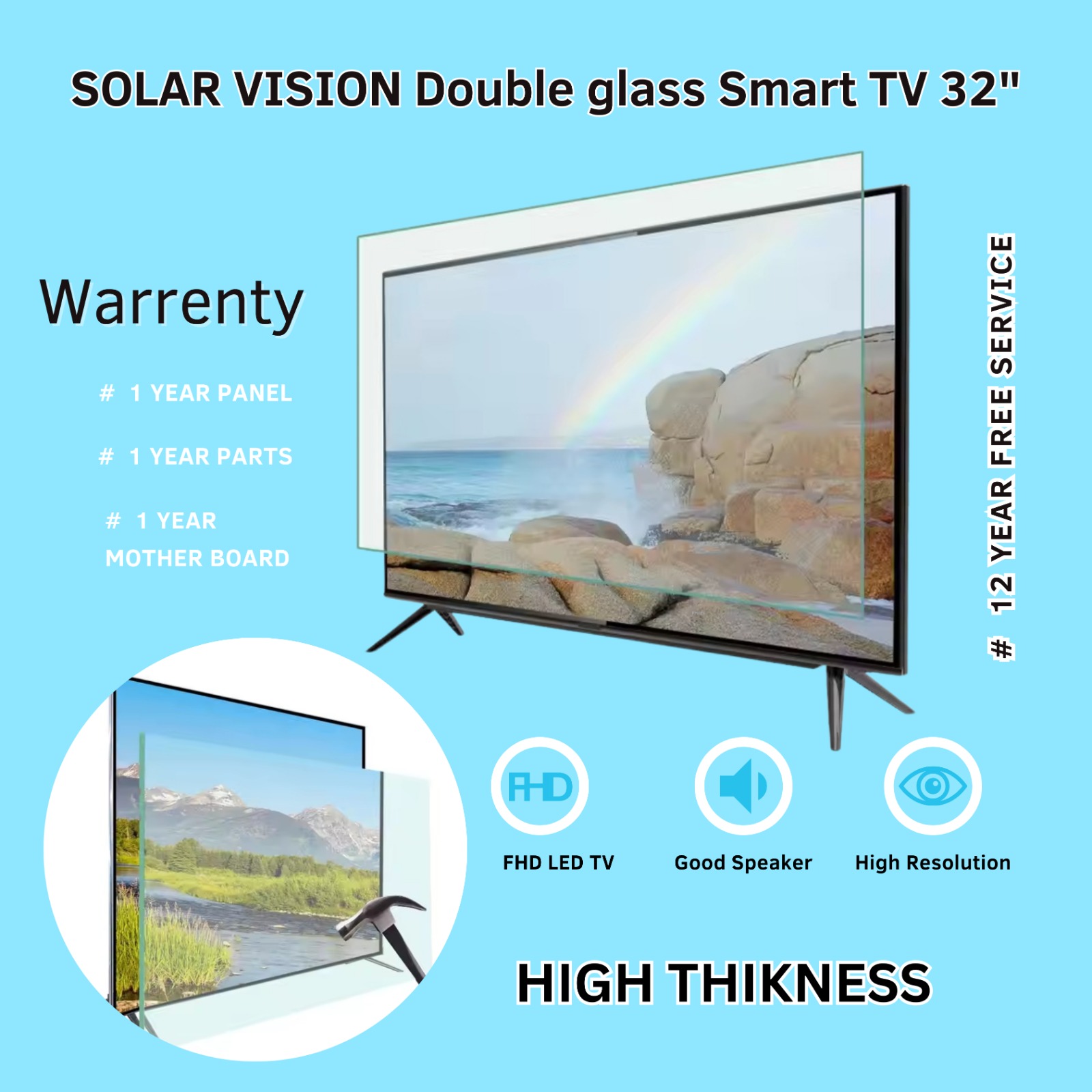Solar Vision 32 Inch Double Glass  Smart Android LED TV FHD. 