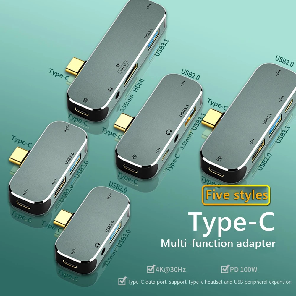 Multi-function 6 in 1 Type-C Hub 3.55mm Jack PD100W USB3.0/USB2.0/USB3.1 HDMI-Compatible USB Extender Hub. 