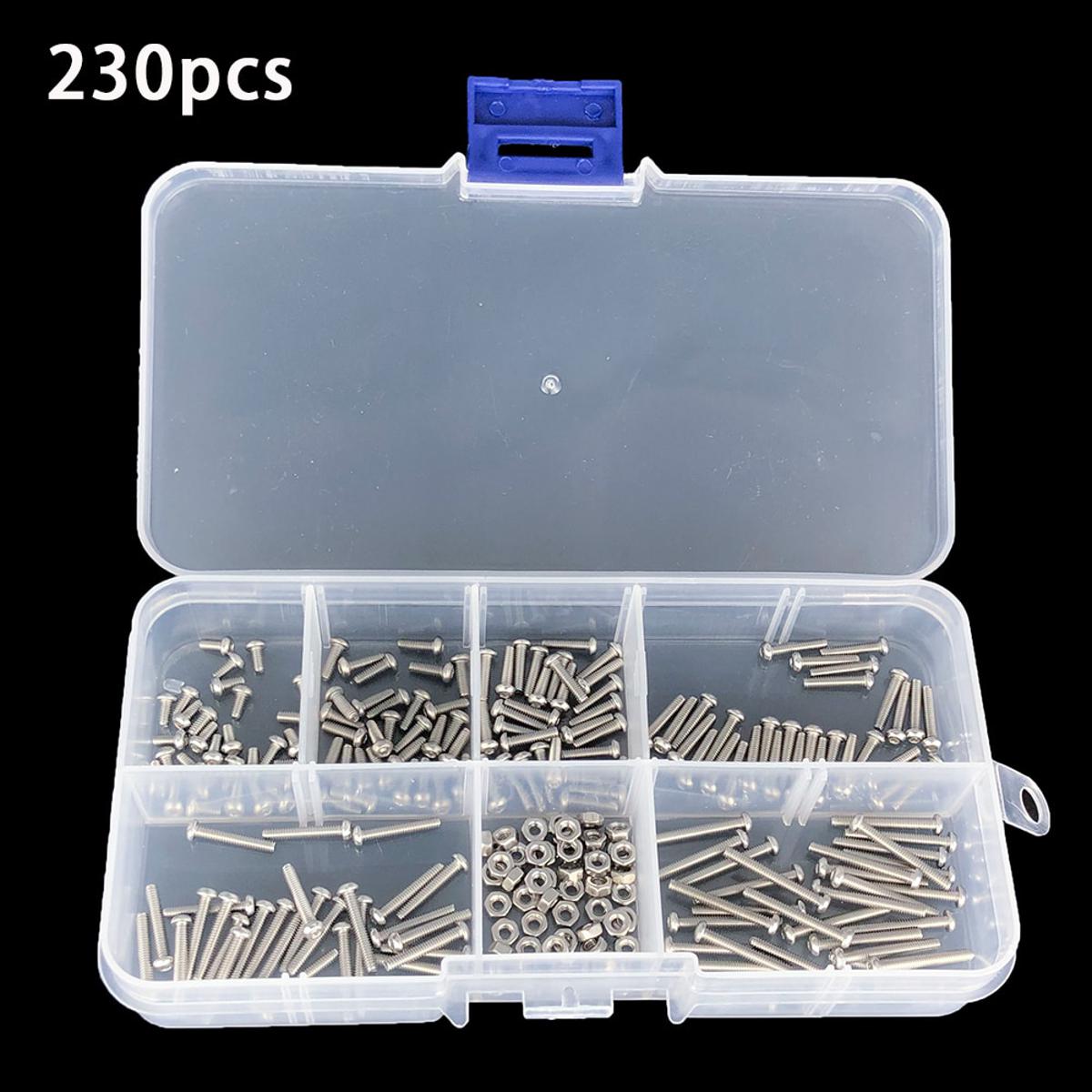 230pcs M2 Screws Nuts Bolts 304 Stainless Steel Hex Socket Button Head cap screw set Assortment Kit small screws Kit Storage Box