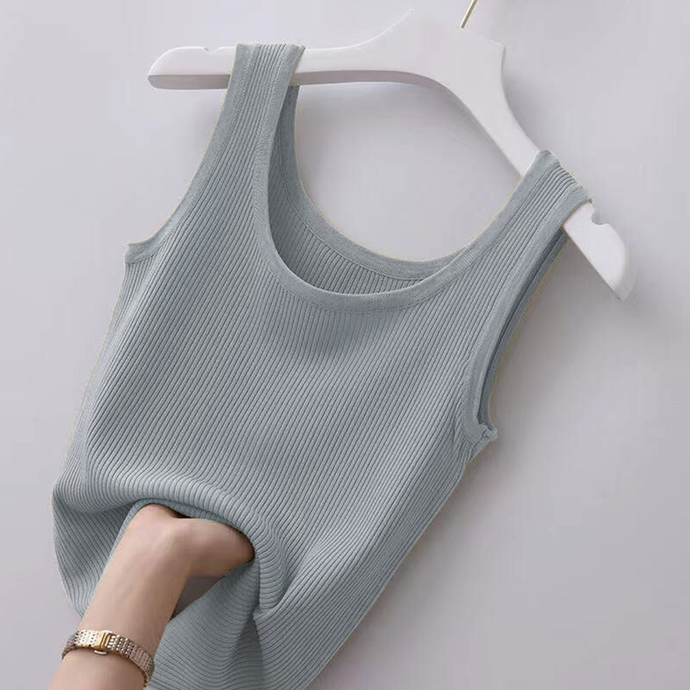 Summer Basic Knitted Tank Top Solid Color Round Neck Crop Tops Women Sleeveless Camisole T-Shirt Girls Streetwear Tees