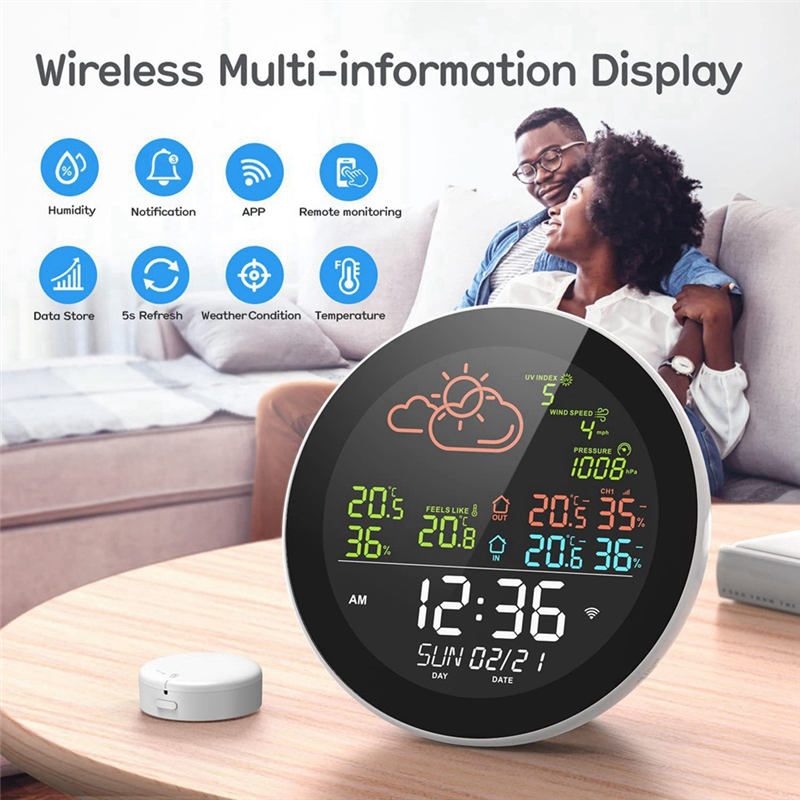 Tuya WIFI Weather Station Table Clock Outdoor Indoor Temperature Tester Weather Forecast Thermometer Hygrometer Easy to Use B. 