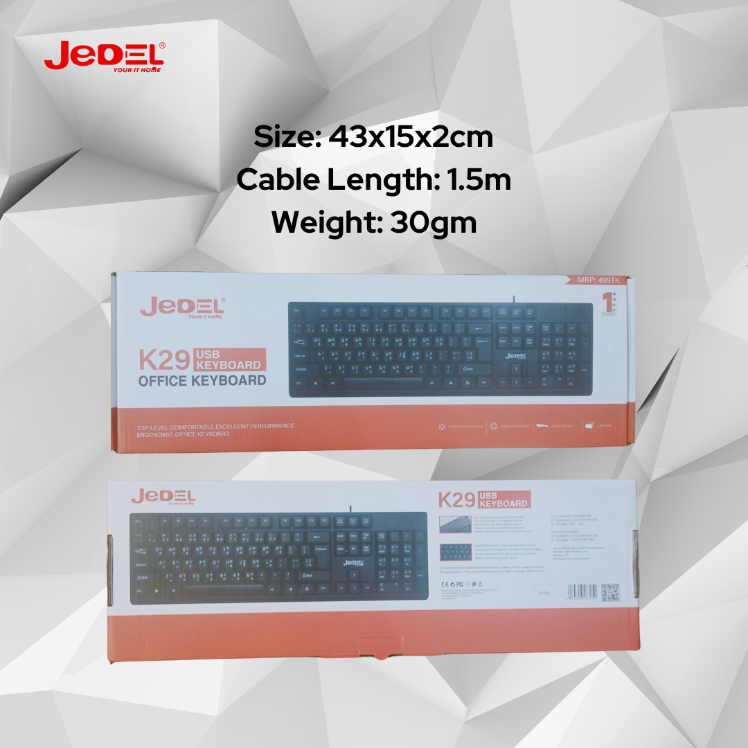 JEDEL-K29 USB Black Office Keyboard With Bangla. 
