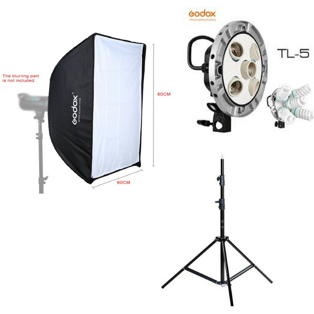 Godox TL-5  5in1 Bulb Head Multi-Holder Tricolor+Light Stand+softbox 60*60cm Camera Photography Lighting. 