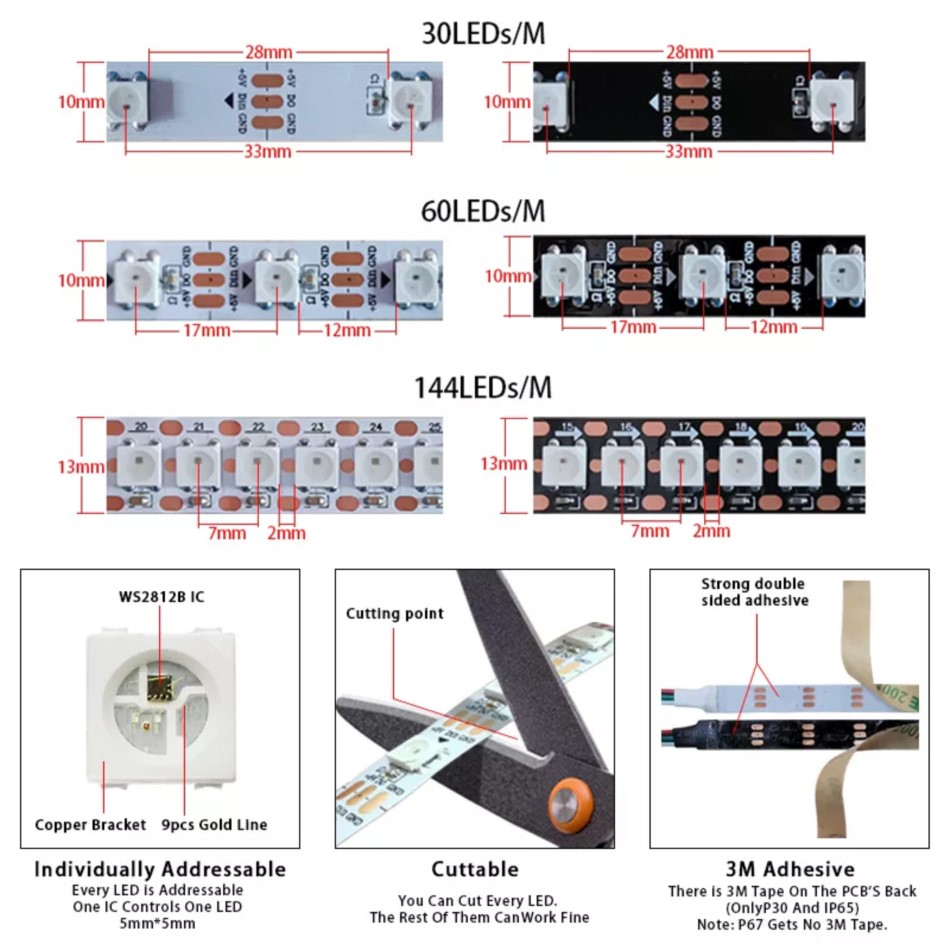 5m WS2812B LED Strip DC 5V 30 60 144 LEDs/M RGB IC Individually Addressable IP30 65 67 Flexible Smart Pixels Magic Color Light. 