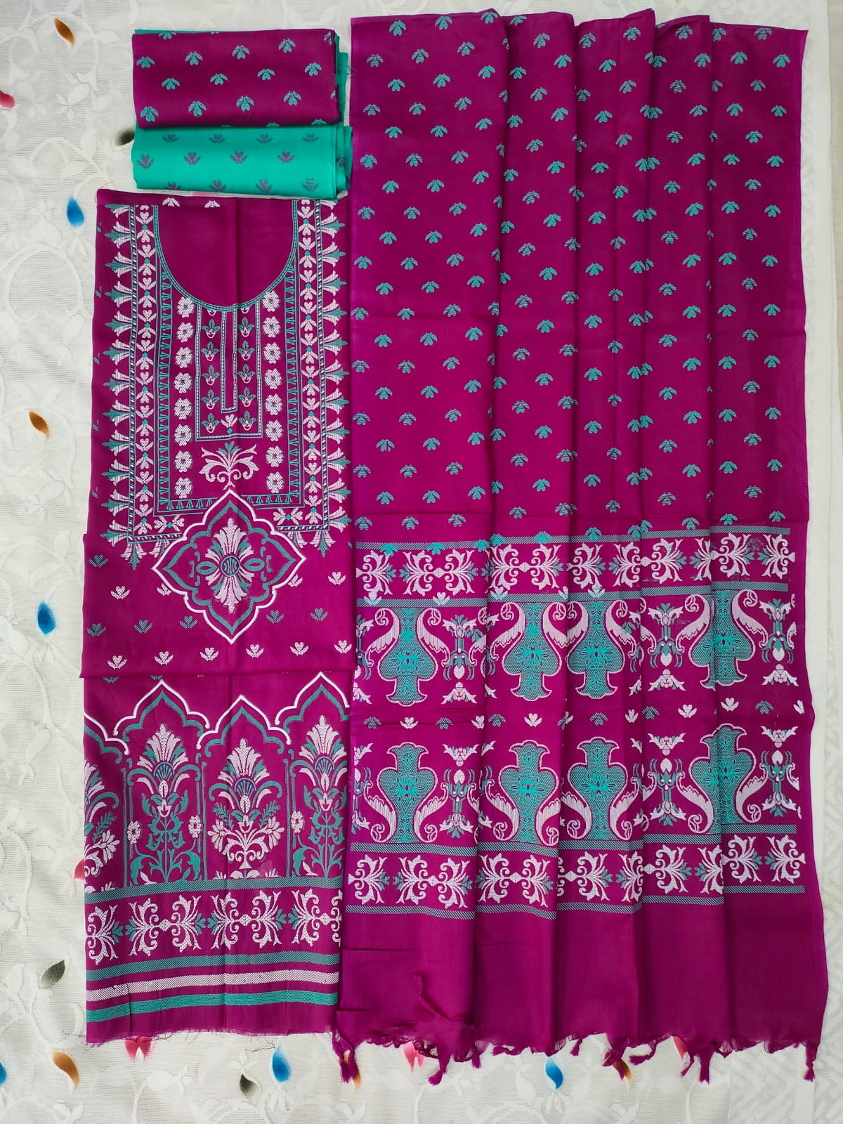 Aarong screen print cotton three pieces collection. 