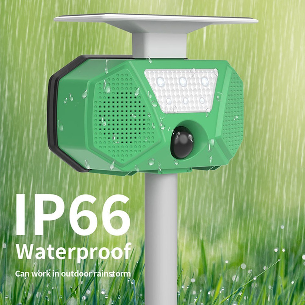 Solar Mole Repellent Ultrasonic Outdoor Pest Bird Squirrel Animal Repeller IP66 Waterproof 110° PIR Sensor Auto Motion Detection with Flash LEDs Voice Alarm Detachable Rod. 