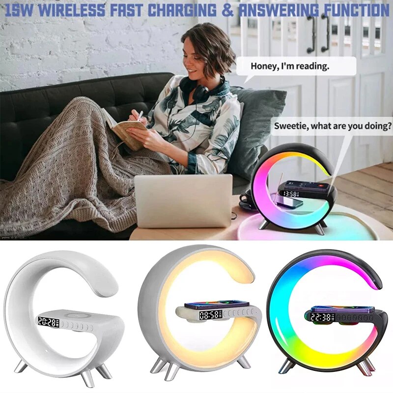 New Big G Smart Light LED Wireless Charger Bluetooth Speaker Alarm Clock Atmosphere Light White Noise Sleep Light 2023. 