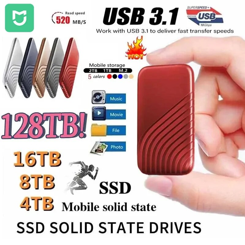 MIJIA Portable Original SSD 1TB 2TB 128TB High-speed SSD External Hard Drive USB 3.0 Interface for Laptops/Computer/PC