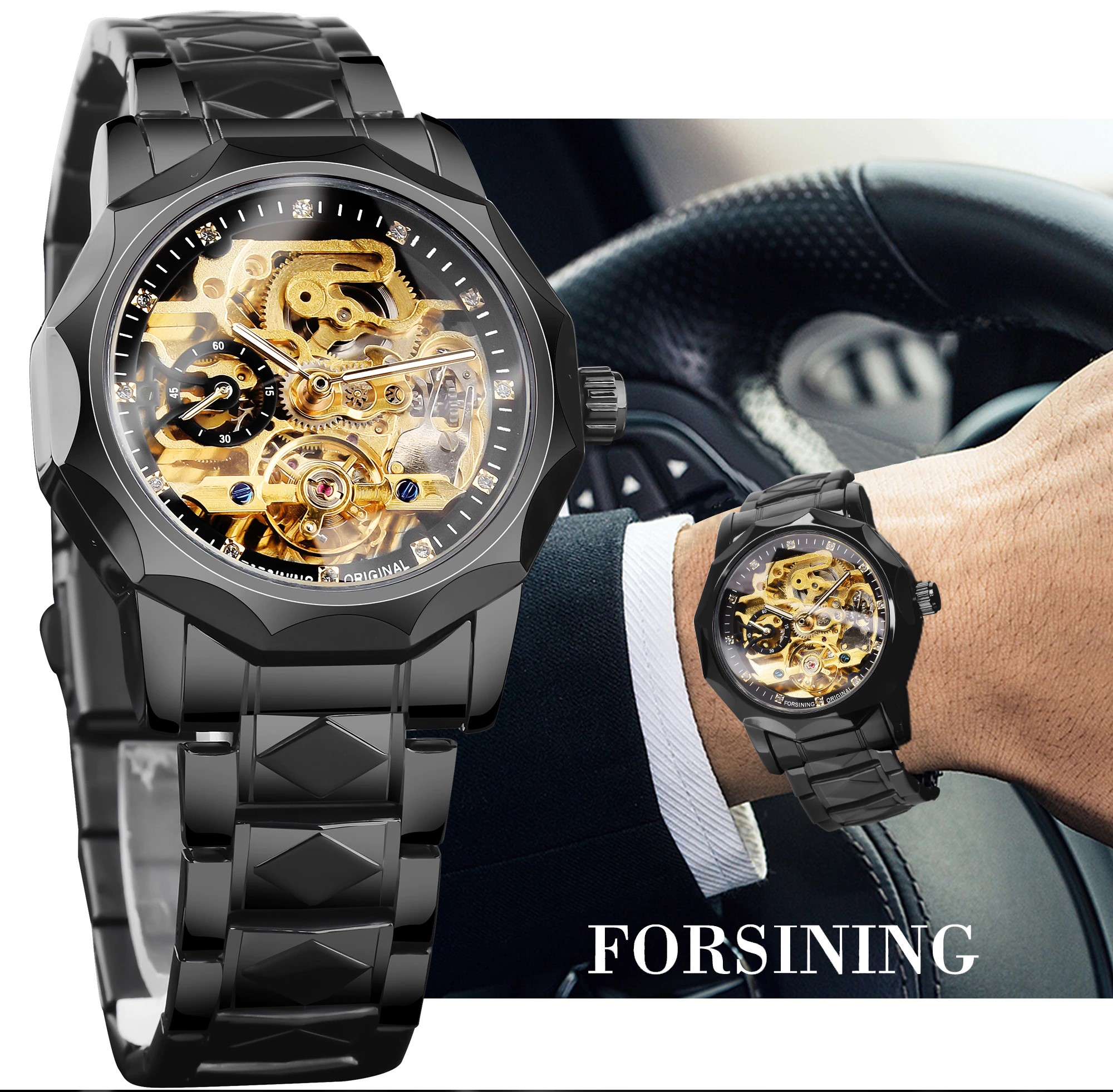 Forsining Design Men's Skeleton Mechanical Watch Stainless Steel Automatic Tourbillion Wristwatch Relogio Masculino