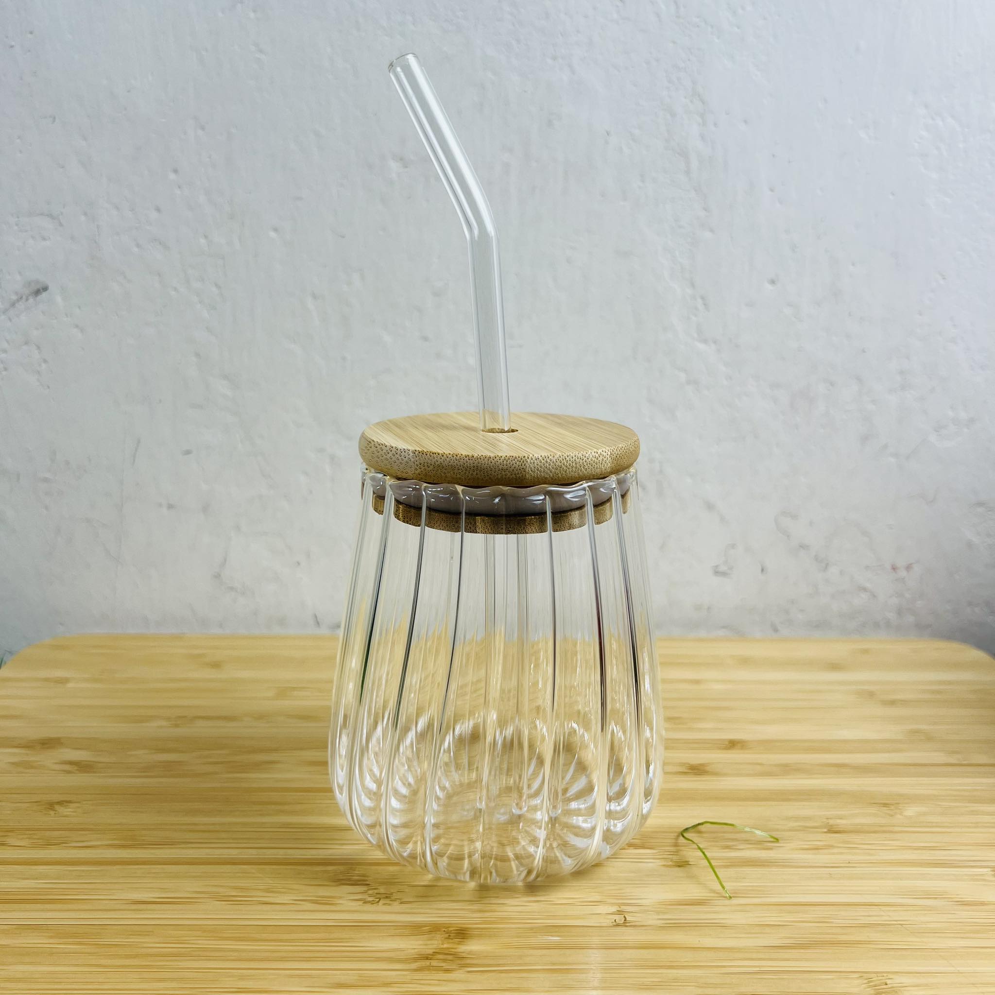450ml Stripe Glass  Mason Jar wtih Bamboo Lid and Straw. 
