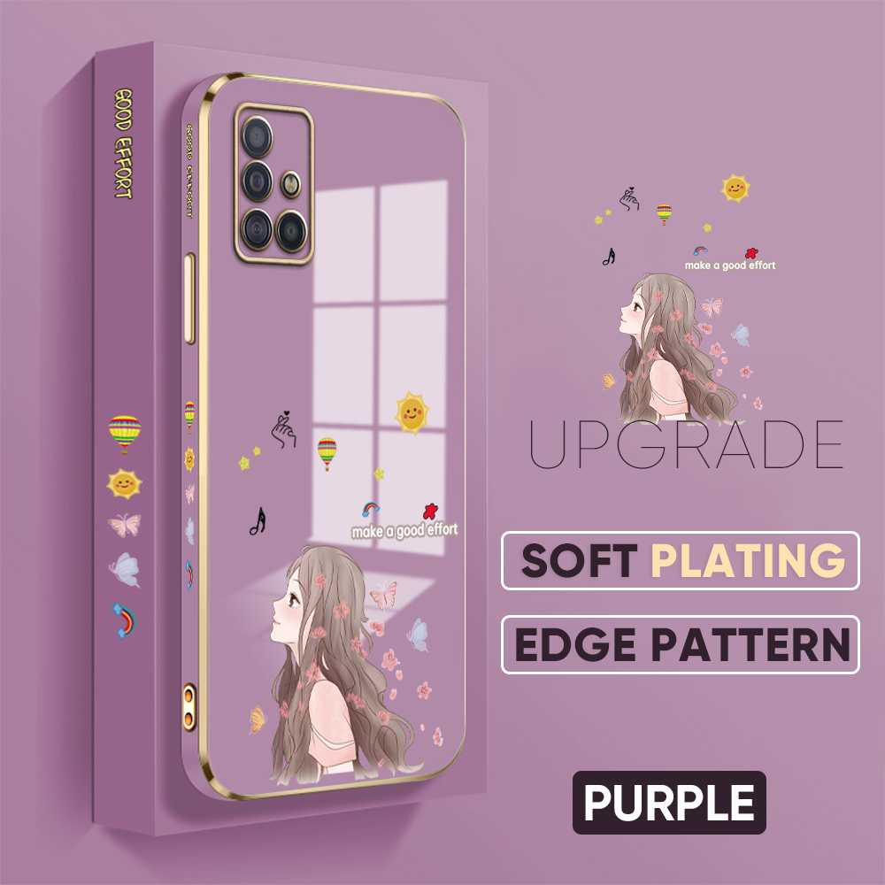 TA for Samsung Galaxy A51 Back Cover + Free Lanyard Charming Girl Luxury 6D Plating Case Side Pattern Soft Silicone Square Phone Cases. 