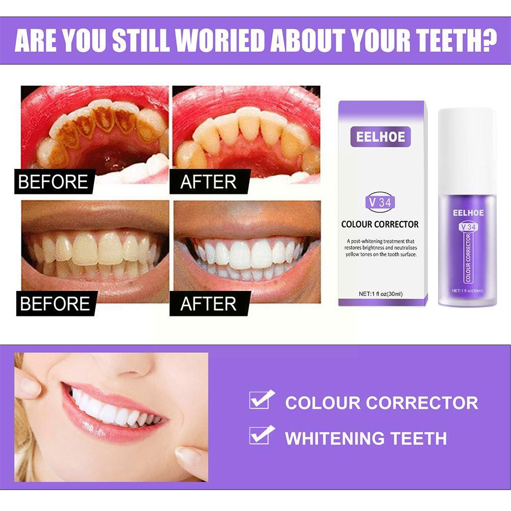 【Happy baby toy store】EELHOE V34 Toothpaste Purple Orange Toothpaste Repair Teeth Repair Oral Cleaning Dazzling Whitening and Staining Removal. 