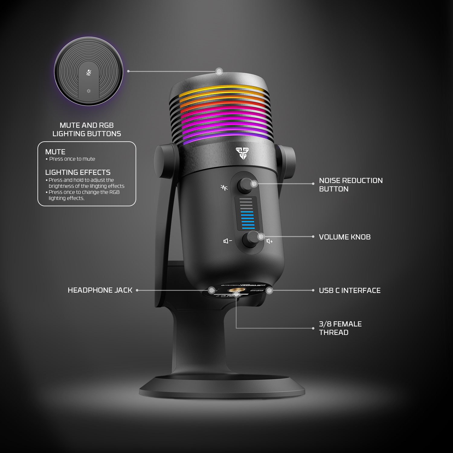 FANTECH MCX03 Leviosa Max Condenser Microphone For Desktop Computer Microphone With RGB Noise Cancellation Microphone. 