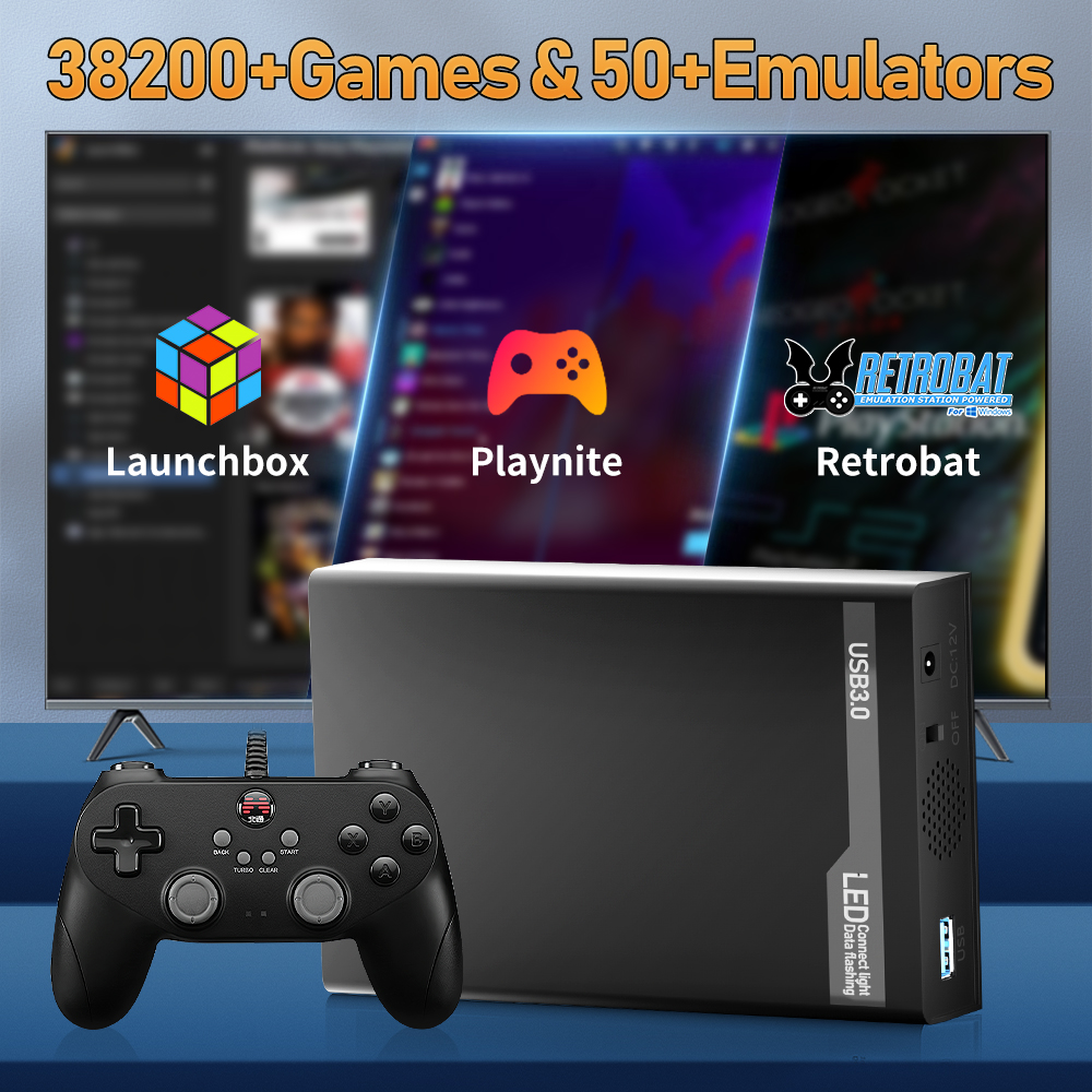 500G Retro Gaming HDD Video Game Console Retrobat＆Playnite＆Launchbox OS for XBOX/PS3/PS2/Switch/Wii/WiiU/DC/NES with 38200+Games