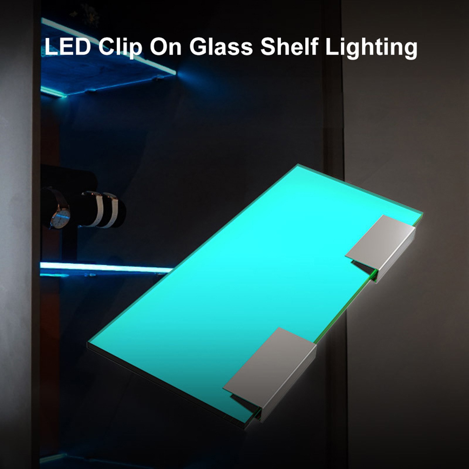 RGB LED Clip On Glass Shelf Lighting Under Cabinet Night Lights Kit for Glass Edge Shelf with Remote Control - eu-8pcs. 