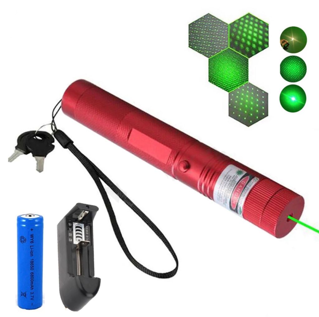 Laser Pointer Light 303 Green  - Red Body Color - 18650 Powerful Rechargeable Battery - 10 Km Adjustable Focus - Professional. 