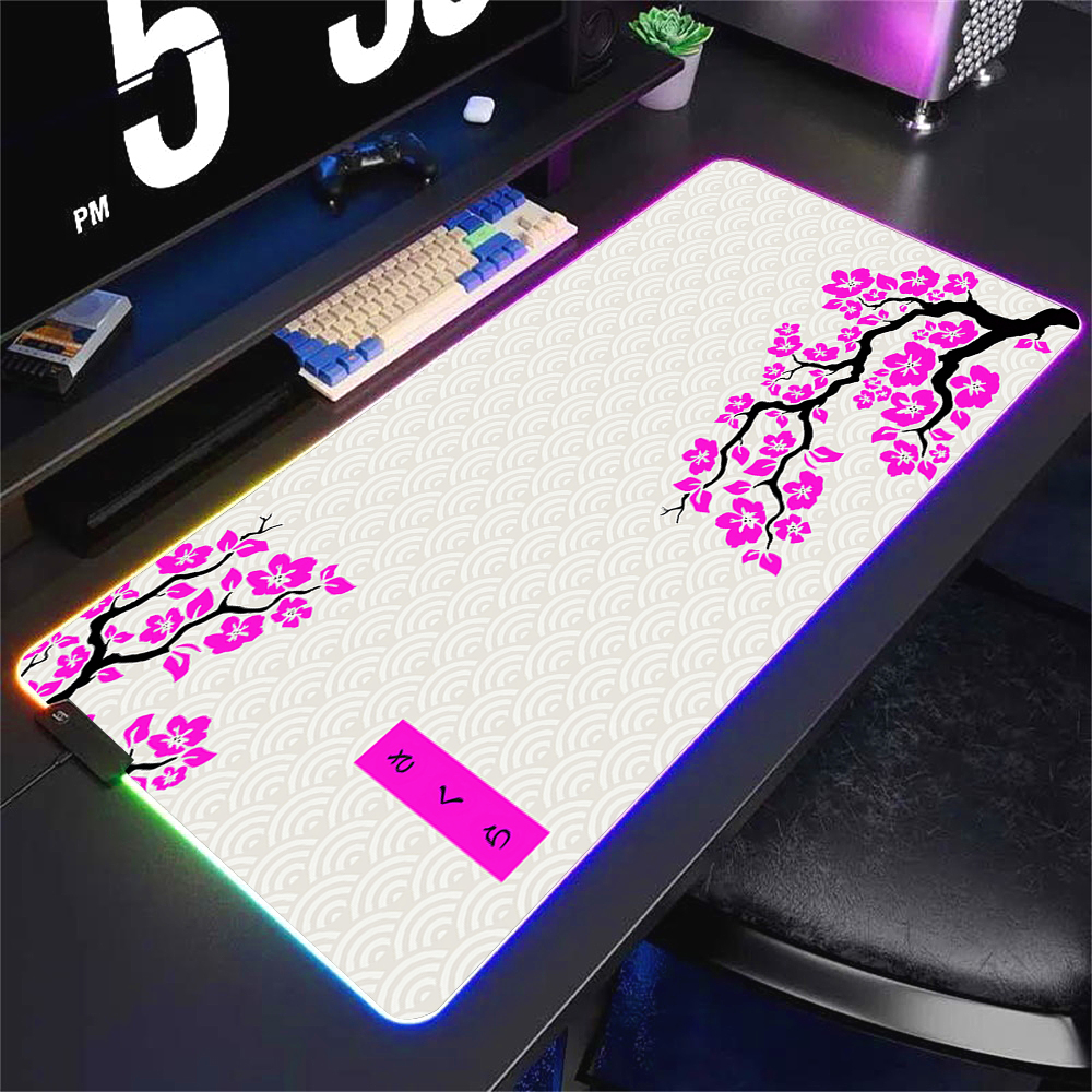Green and White Sakura Rgb Mouse Pad Gaming Setup Accessories Computer Mat 90x40 Pc Gamer Keyboard Extended Backlight Mouse Mats. 