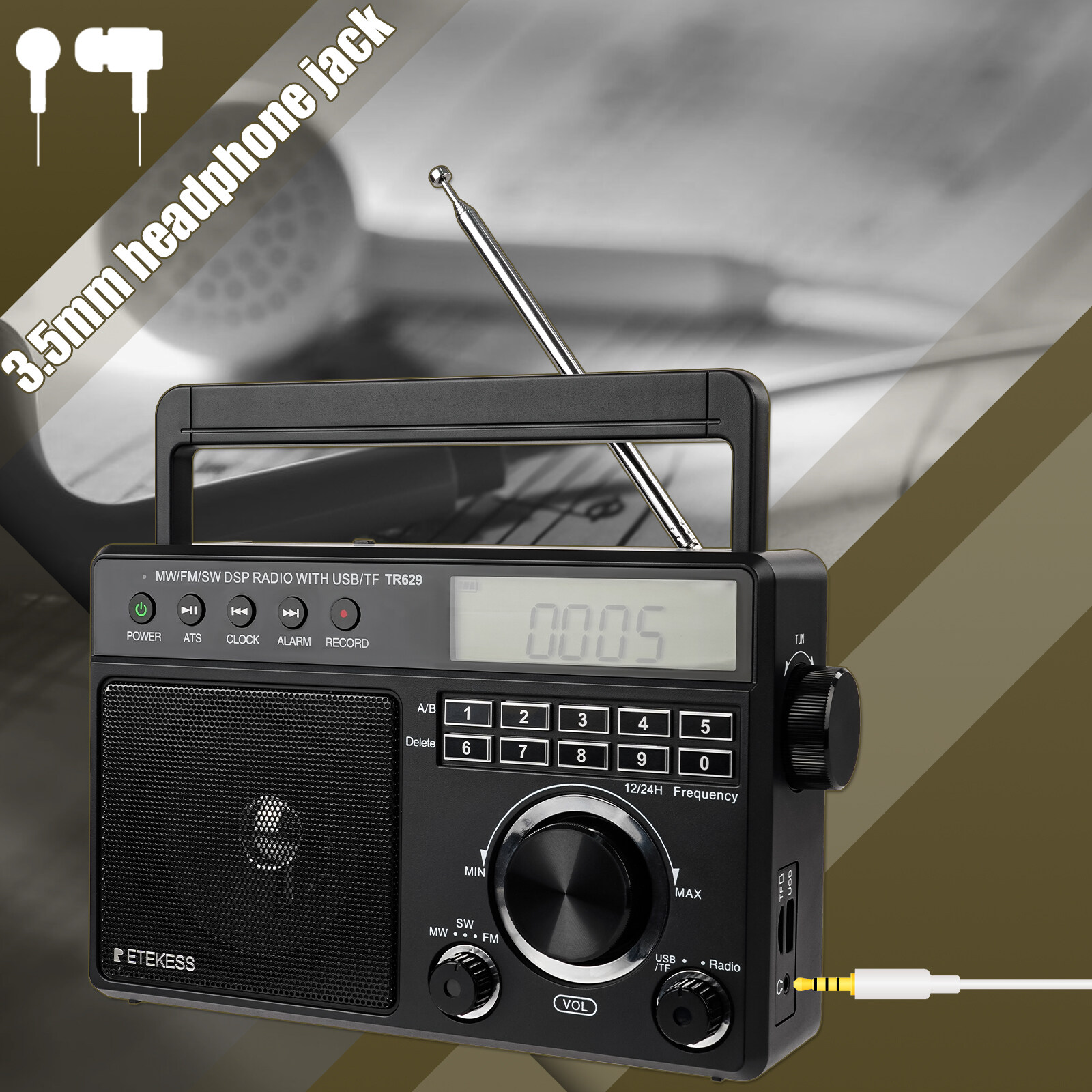 Retekess TR629 Portable Radio, AM/FM Shortwave Digital Radio with LCD Display, Support USB/TF, Suitable for the Elderly.. 