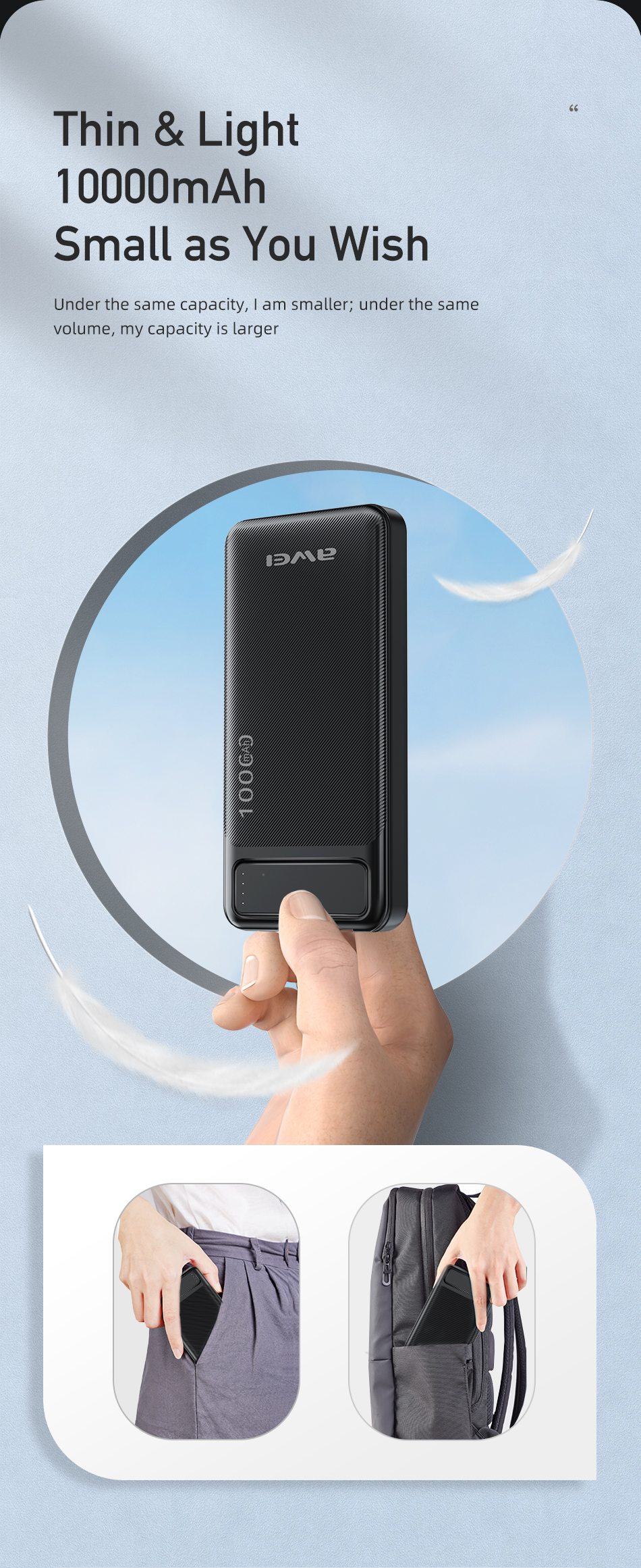 AWEI P5K Portable Power Bank 10000mAh Powerbank Dual USB A Type c Micro Dual input Fast Charge Travel Poverbank. 