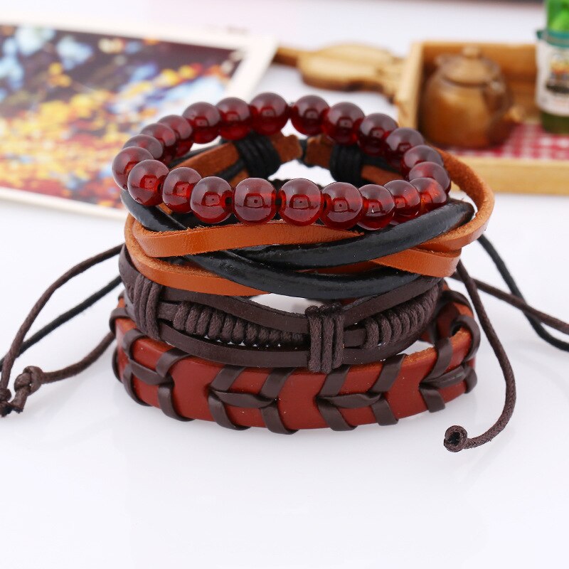 Jessingshow 4pcs/set Gypsy Hippie Punk Style Light Dark Brown Beads Wrap Leather Cord Layers Stackable Bracelets Bangle Man Set. 
