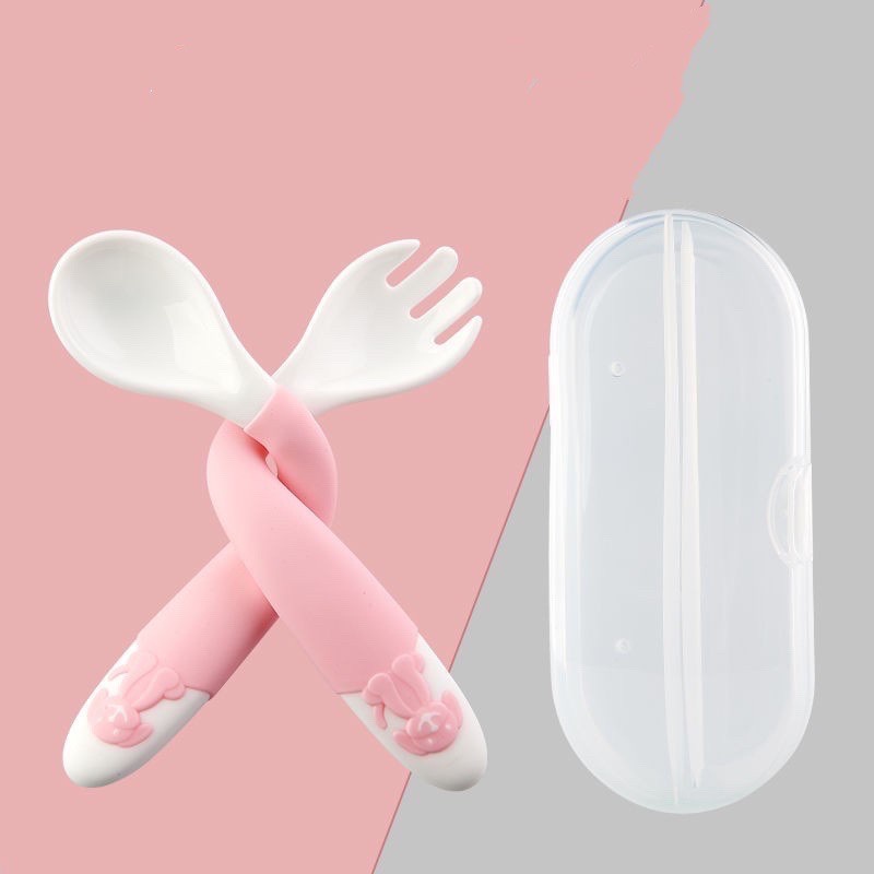 2 pcs/set silicone twisted and bent fork and spoon easy to use baby eating flexible with box. 