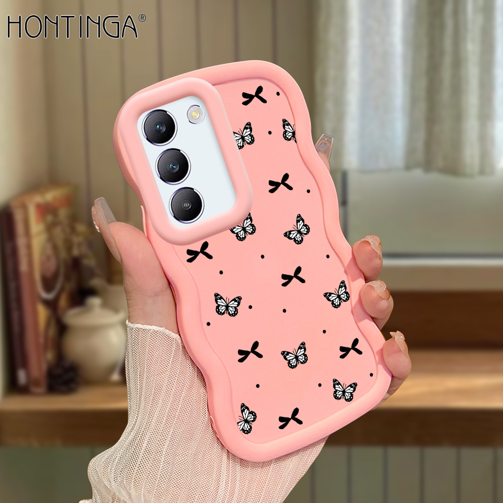 Hontinga for Vivo Y100 4G 5G Back Cover Small Black Butterfly Pattern Luxury Phone Cover Soft Silicone Macaron Wave Mobile Case