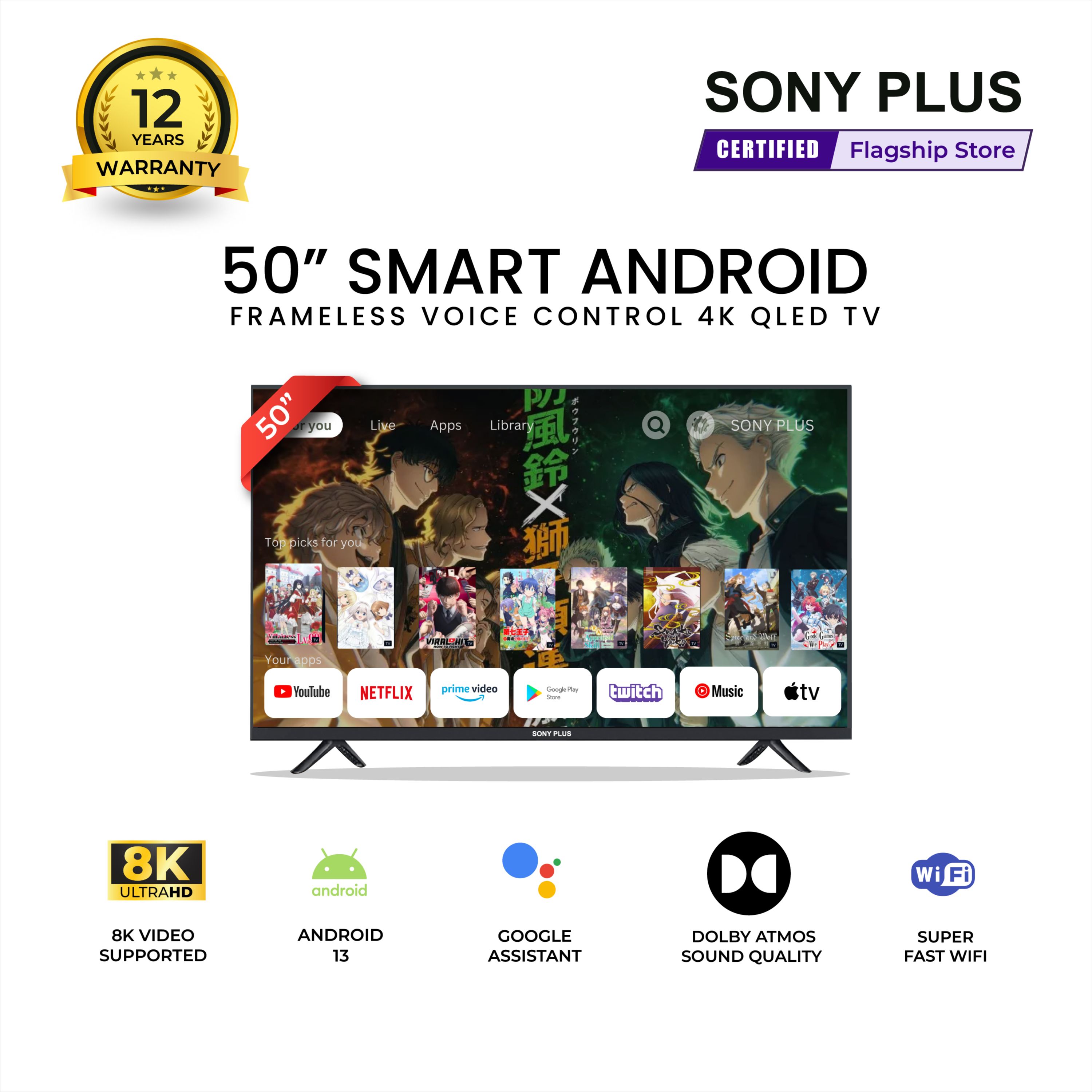 Sony Plus 50 inch Frameless Voice Control Smart QLED TV Wi-Fi UHD 8K Supported Android Television