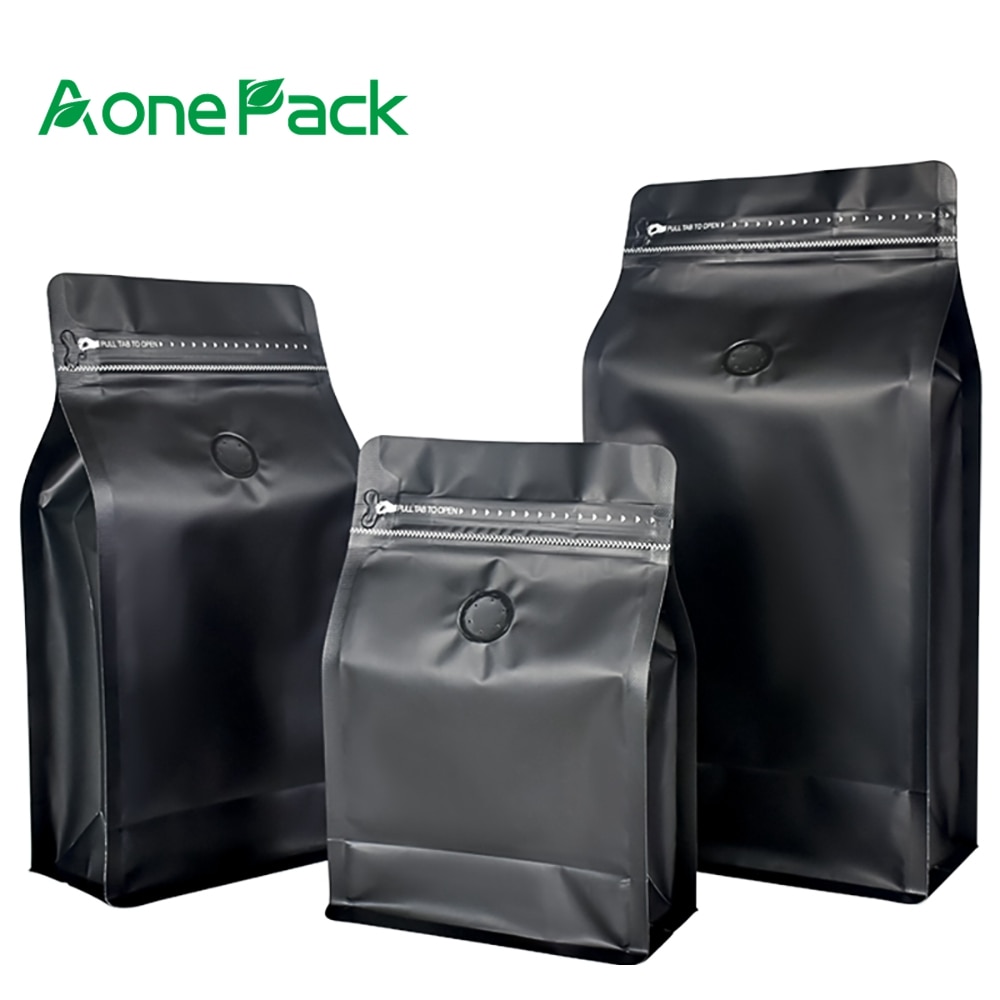 50PCS 100g 250g 500g 340g 1kg Matt Black Square Bottom Foil Laminated Coffee Bag Packaging With T-Zipper And One-way Valve